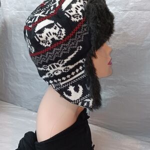 GAP Black, White & Red Fair Isle Faux Fur Trapper Hat